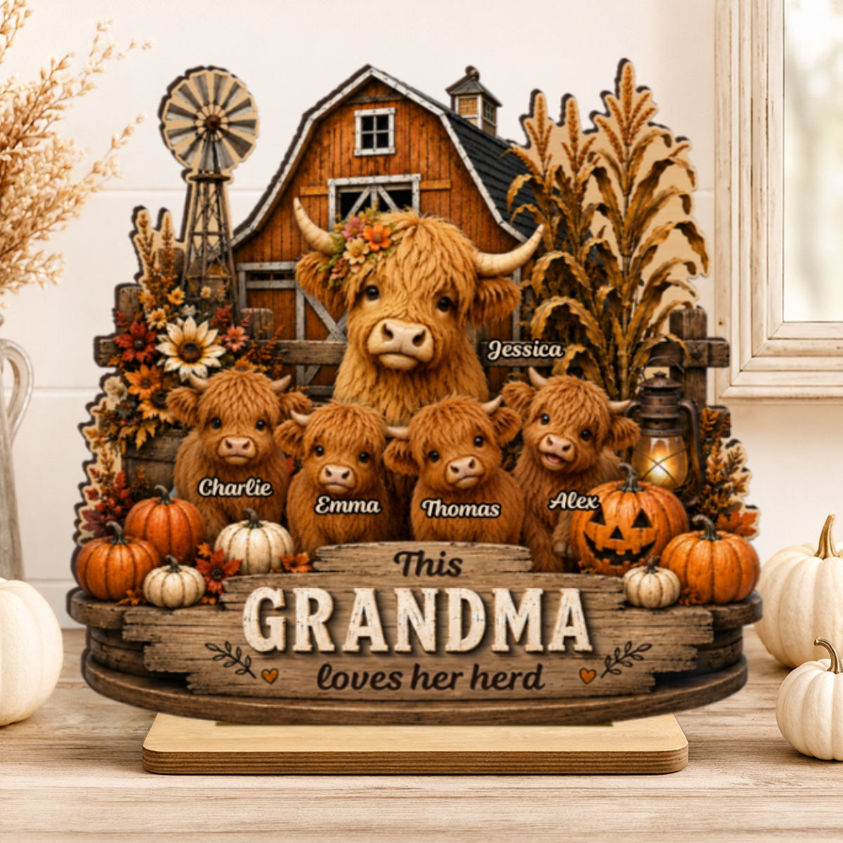 This Grandma Loves Her Herd - Personalized 2-Layered Wooden Plaque - Rustic Farmhouse Fall Decor for Grandma