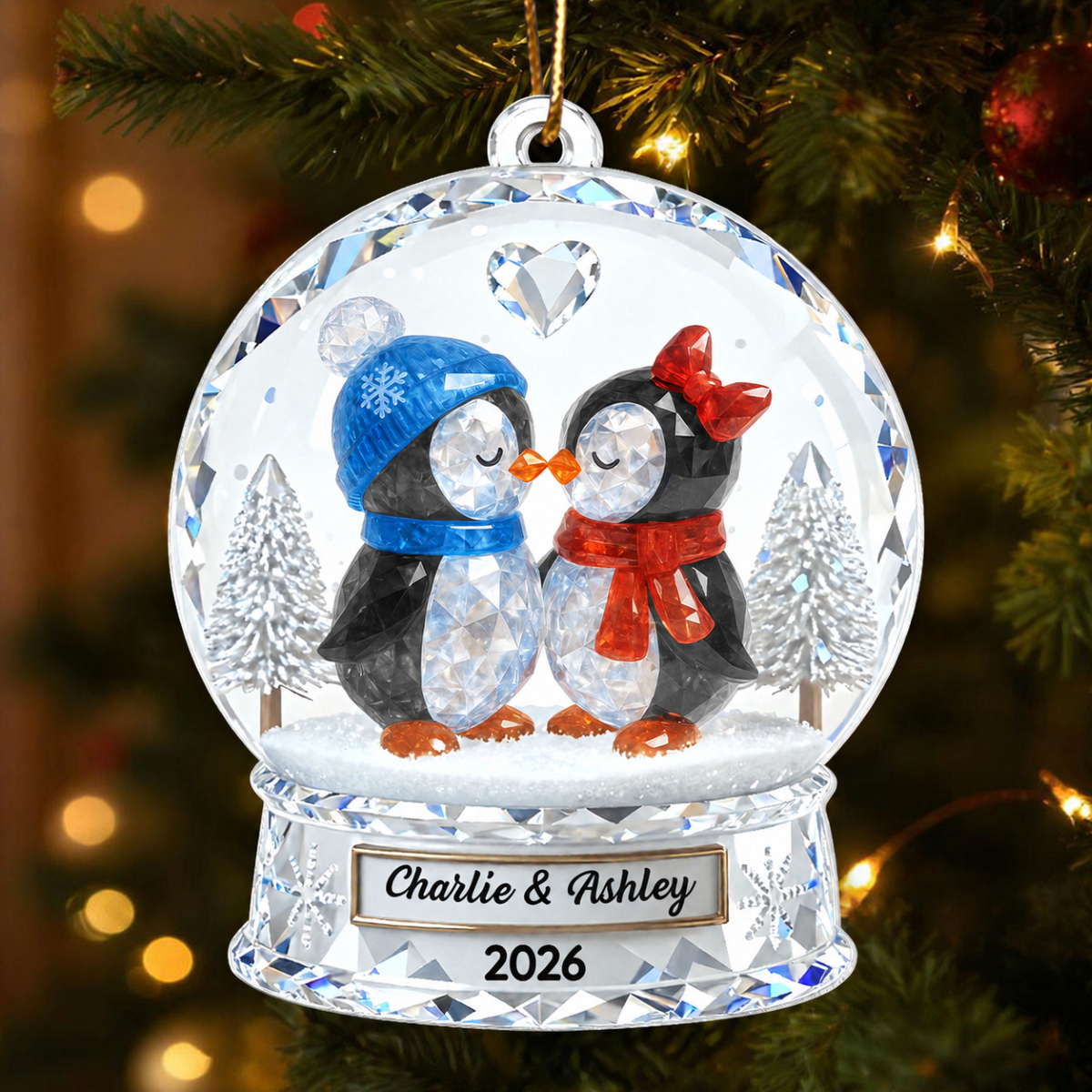 Penguin Couple 3D Crystal Effect - Personalized Acrylic Ornament - Christmas Gift for him, Gift for her