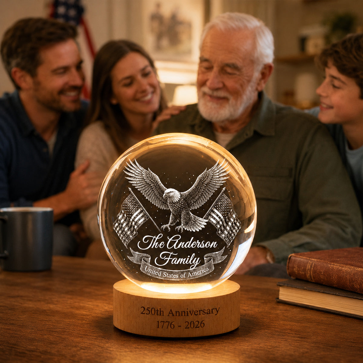 United States of America 250th Anniversary - Personalized Crystal Ball LED Night Light - Custom Family Name