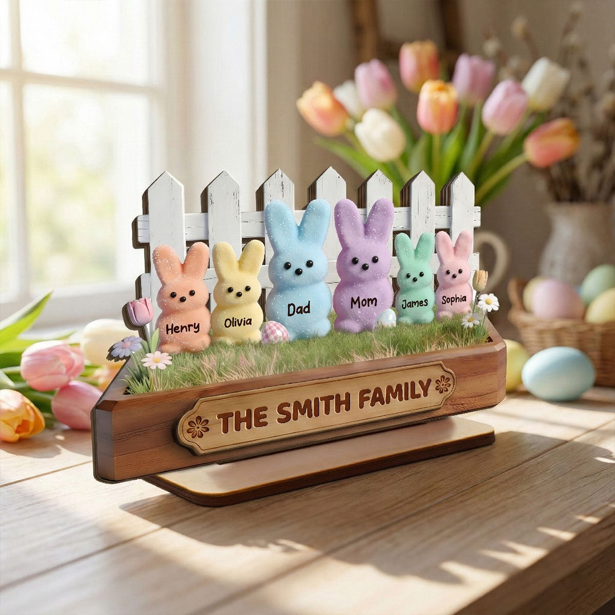 Easter Bunnies Family - Personalized 2-Layered Wooden Plaque - Gift For Family, Easter Decoration
