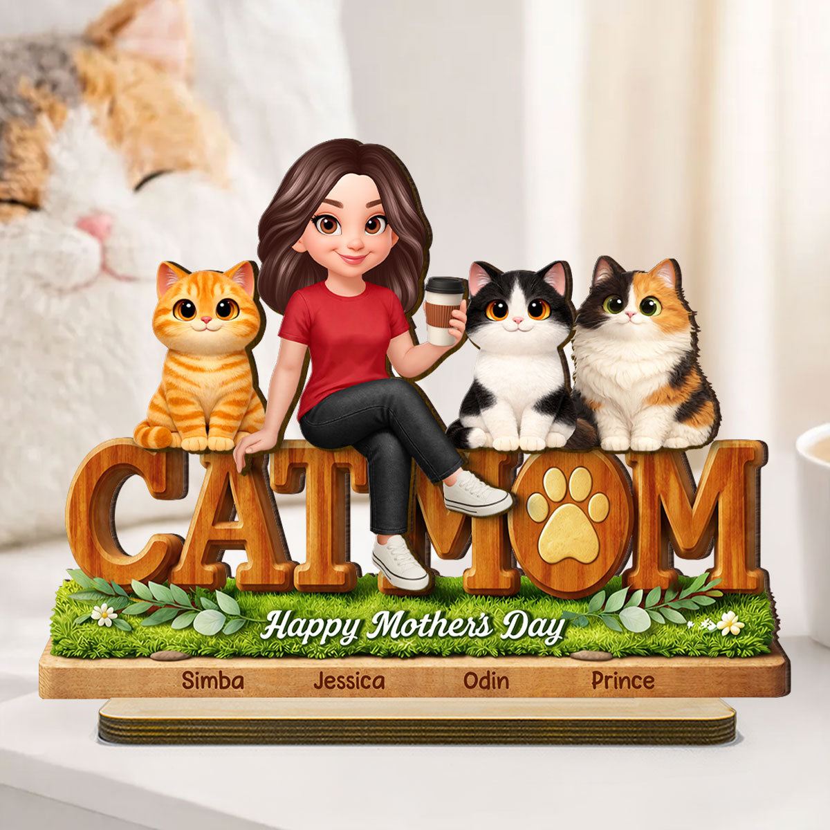 Cat Mom Cute Fluffy Cats - Personalized 2-Layered Wooden Plaque - Mother's Day Gift For Cat Mom