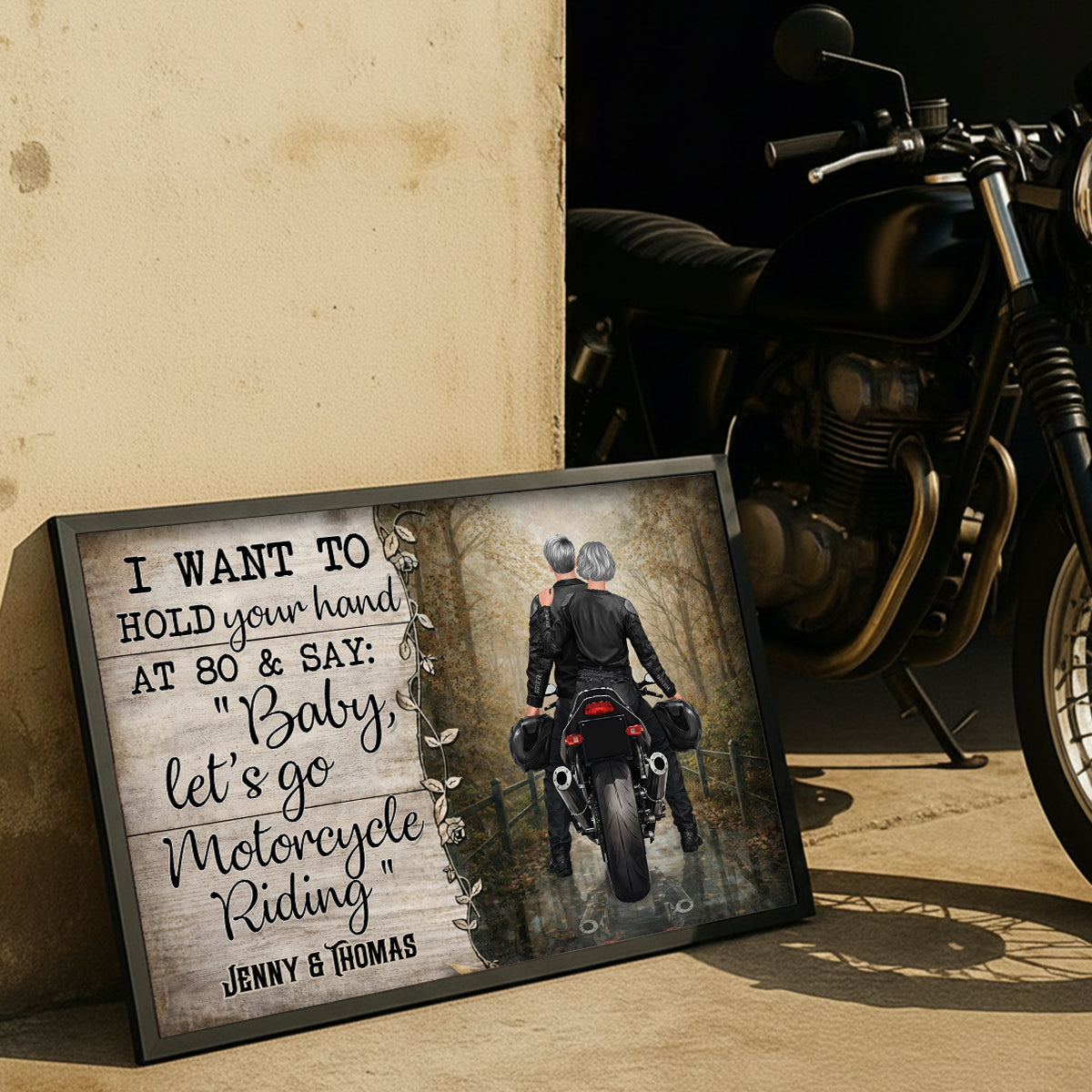Hold Your Hand at 80s and Go Motorcyle Riding Biker Couples - Personalized Poster - Anniversary Gift for him, for her