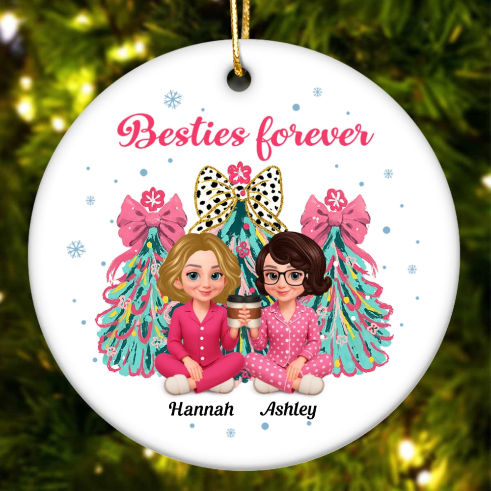Pink Theme Coquette Christmas Tree Besties Forever - Personalized Ceramic Ornament - Christmas Gift For Best Friends