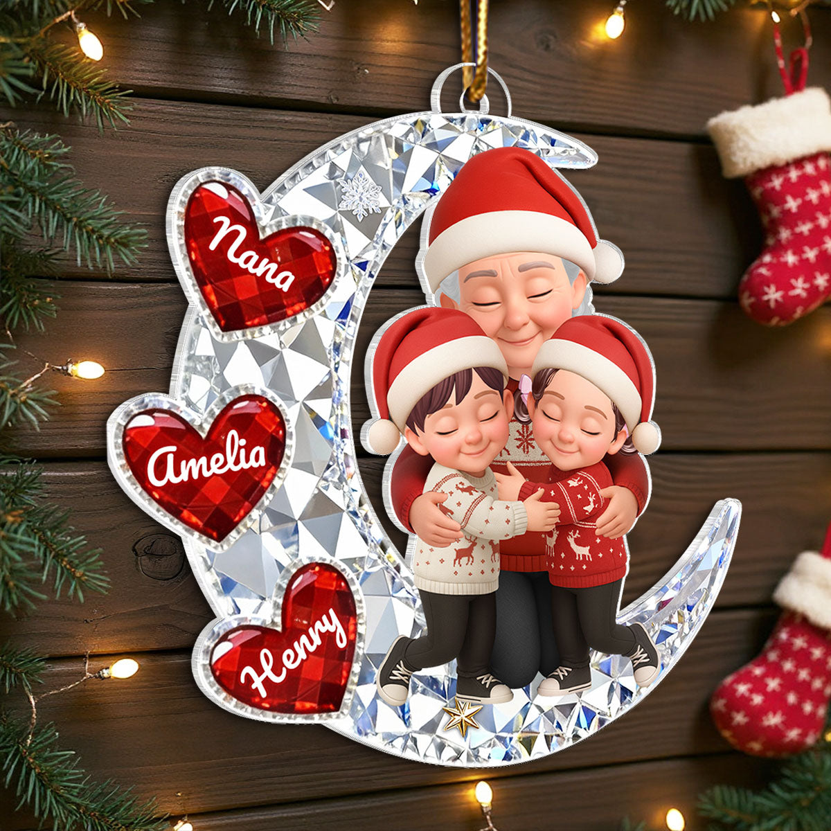 3D Crystal Effect Grandma Grandkid Hugging Moon Heart - Personalized Acrylic Ornament - Christmas Gift for Grandma, Grandkids