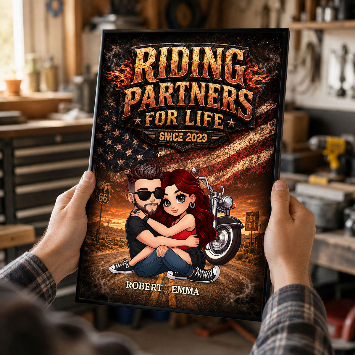 Bikers Couple Riding Partners for Life Nation Flag - Personalized Poster - Gift for Him, for Her