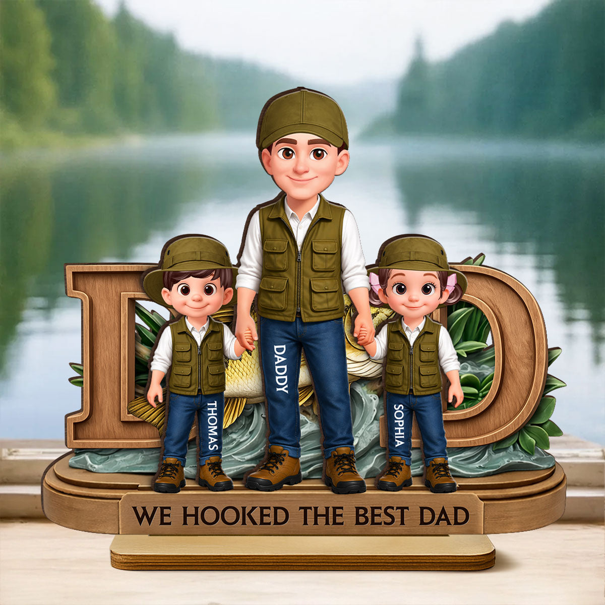 We Hooked The Best Dad Fishing - Personalized 2-Layered Wooden Plaque - Heartfelt Gift For Fishing Dad, Gift For Husband
