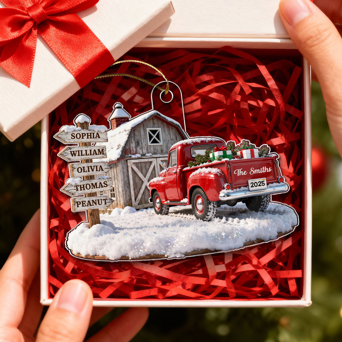 3D Effect Nostalgia Christmas Truck Barn House Family Sign Posts Custom Names - Personalized Acrylic Ornament - Gift For Family, Farmhouse Decor