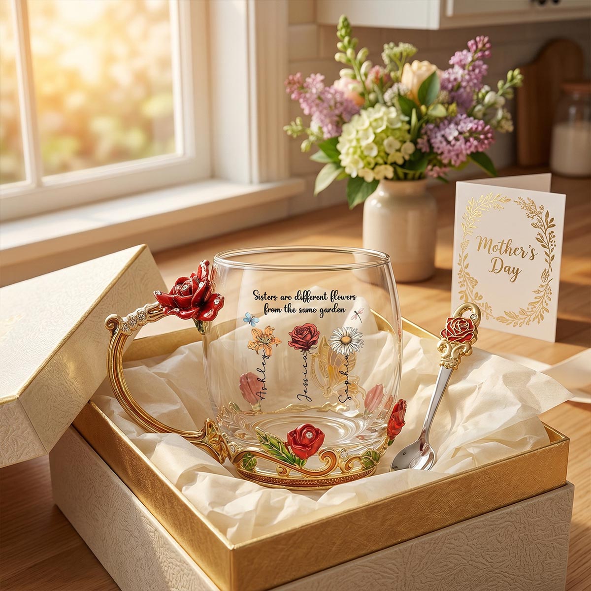 Sisters Are Flowers From Same Garden Custom Birth Month Flowers - Personalized Enamel Flower Tea Cup - Gift For Sisters