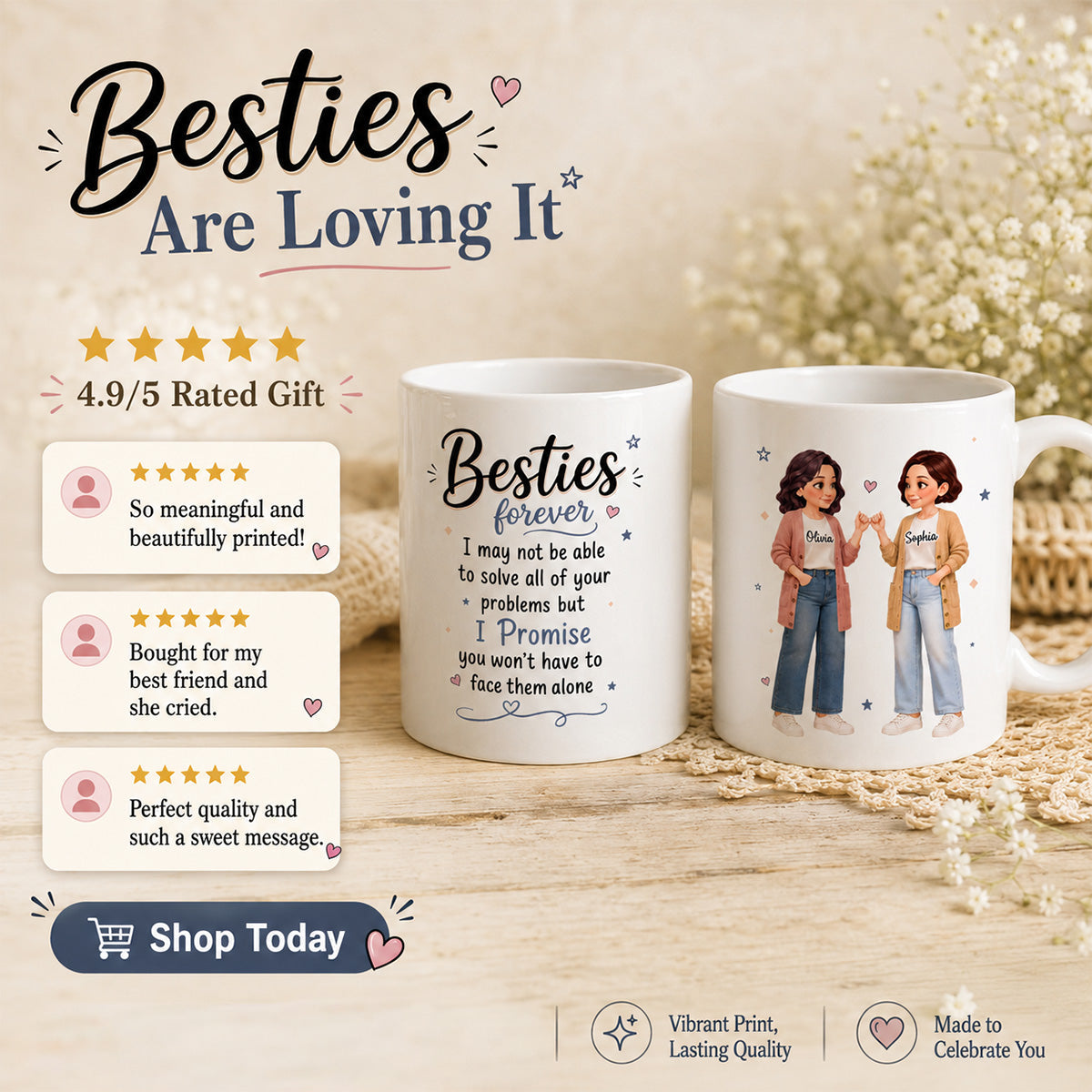 Pretty Besties Forever Pinky Promise Will Be Friends Until We Senile - Personalized Mug - Friendship Keepsake