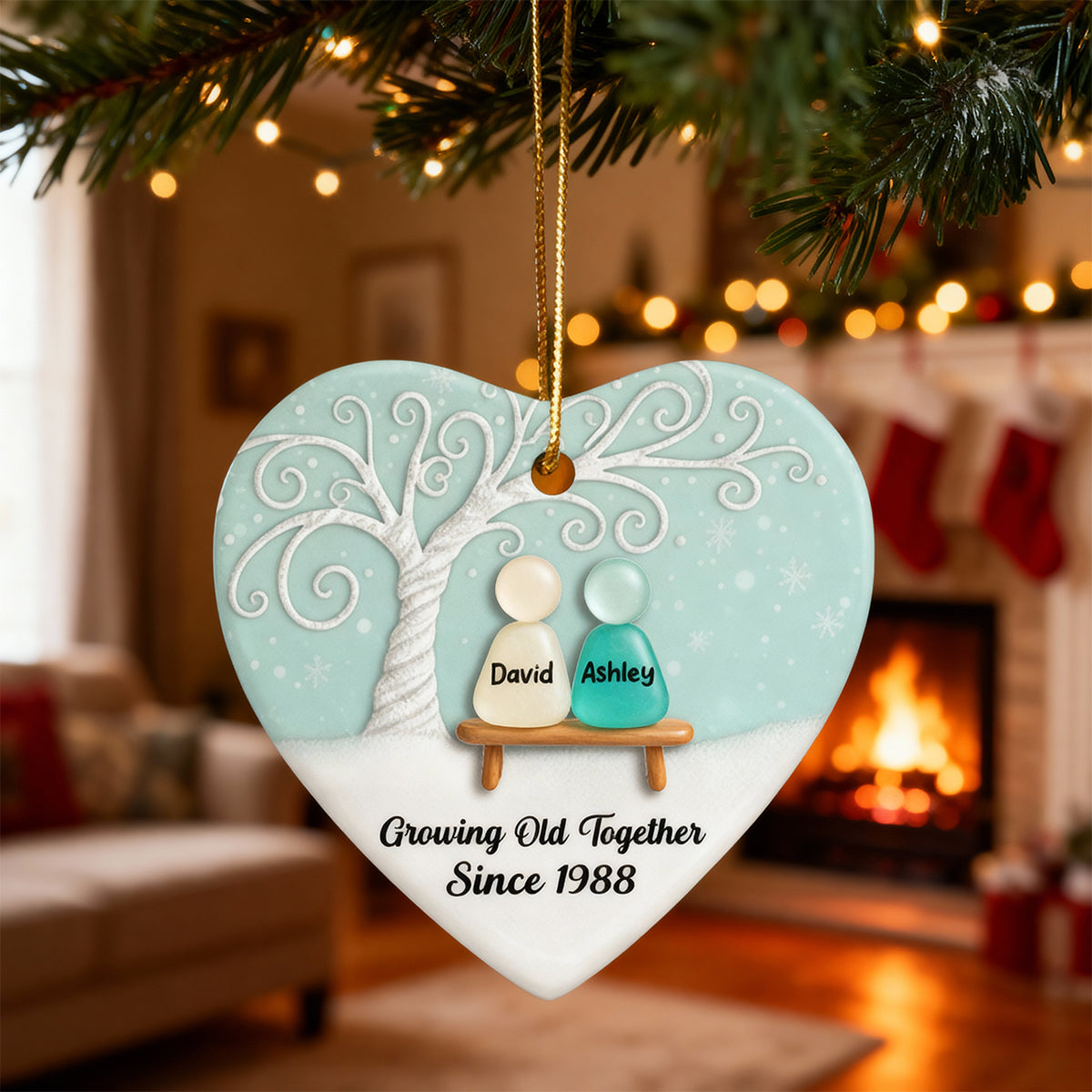 Growing Old Together Sea Glass Couple - Personalized Ceramic Ornament With Acrylic - Unique Gift for Couple, for Wife, for Husband