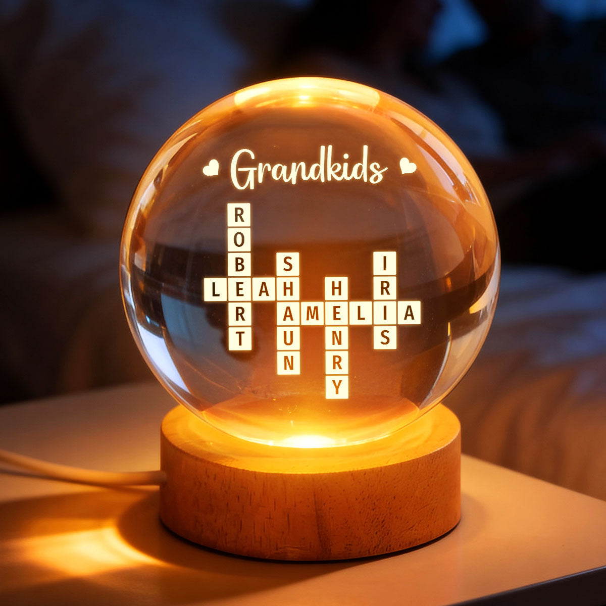 Grandkids Crossword Puzzle Art - Personalized Crystal Ball LED Night Light - Heartfelt Gift For Grandma, Gift For Mom