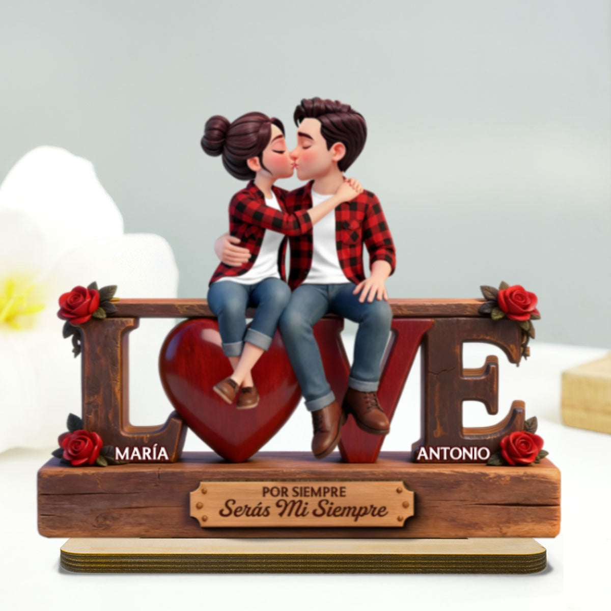 Roses LOVE Spanish Couple Sitting Kissing - Personalized 2-Layered Wooden Plaque - Heartfelt Gift For Couple