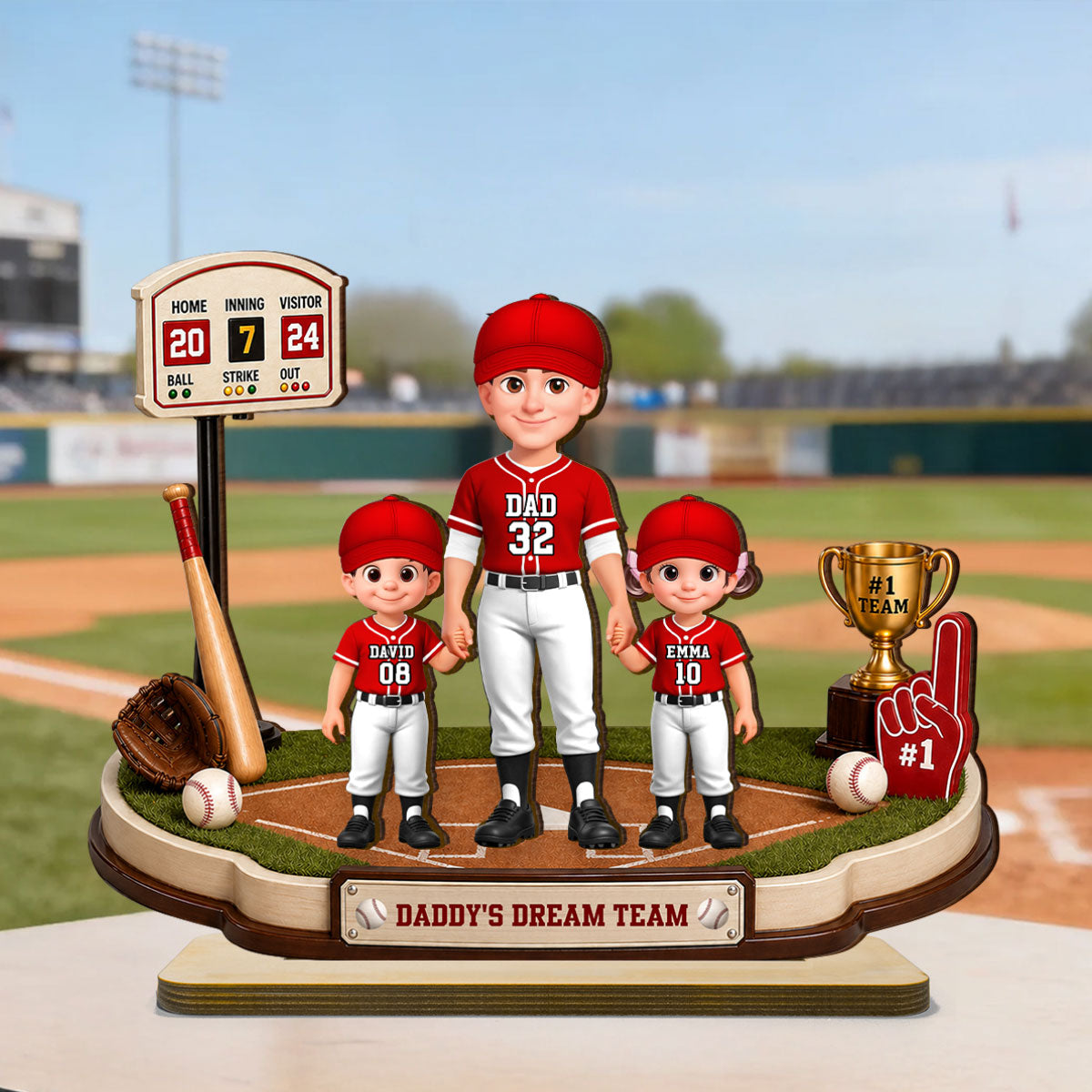 Daddy's Dream Team Baseball Dad Kids - Personalized 2-Layered Wooden Plaque - Heartfelt Gift For Baseball Dad, Gift For Husband
