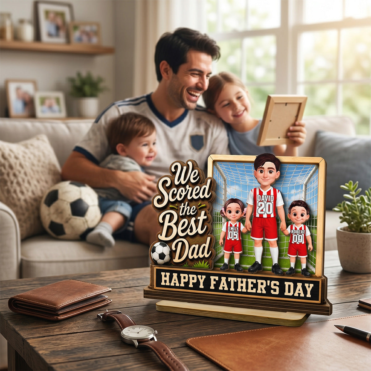We Scored The Best Dad Dad & Kids In Goal 2D Flat - Personalized 2-Layered Wooden Plaque -  Gift For Soccer Dad, UK Football Dad