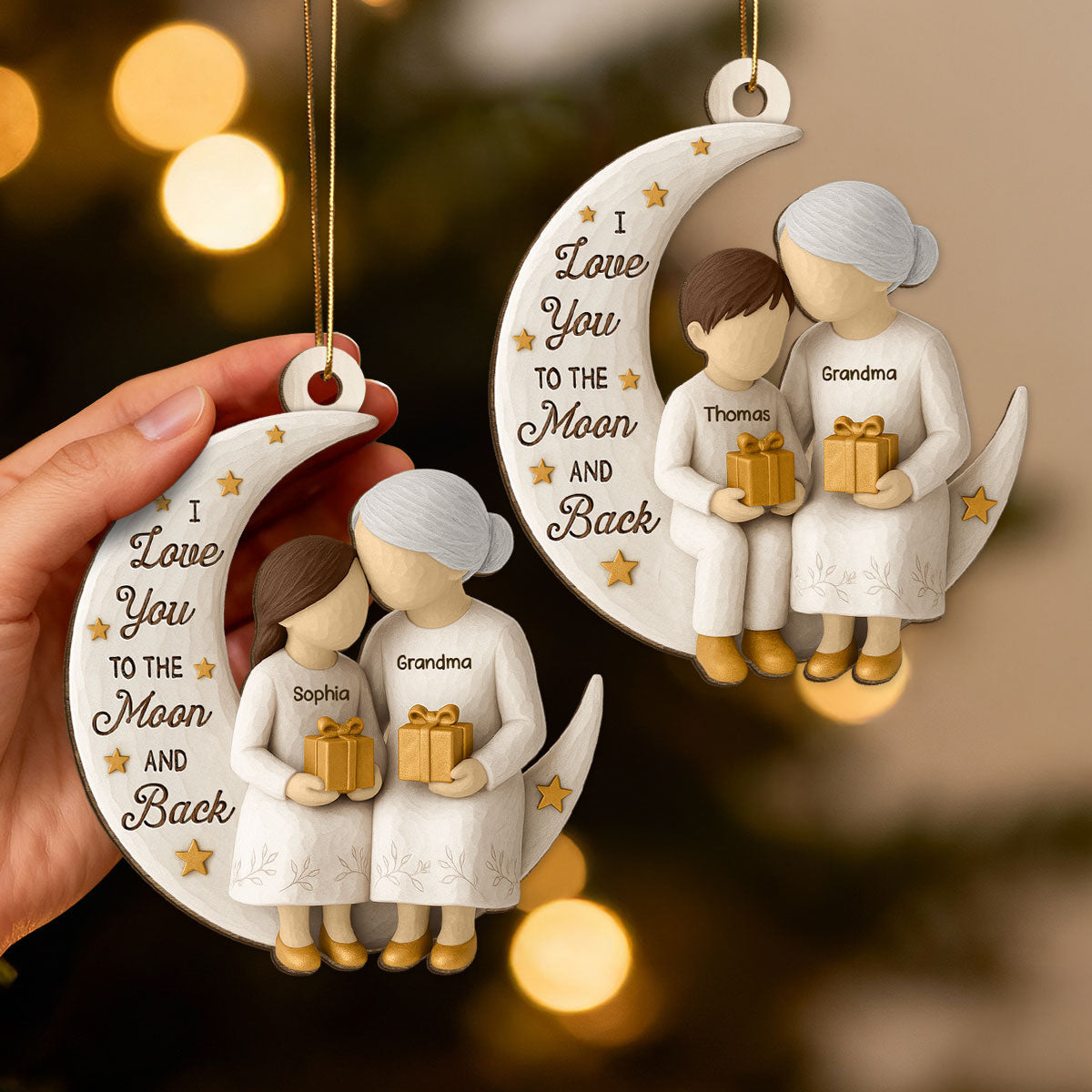 3D Effect Golden Star Grandma Grandkid On Moon - Personalized Wooden Ornament - Gift For Granddaughter, Grandson