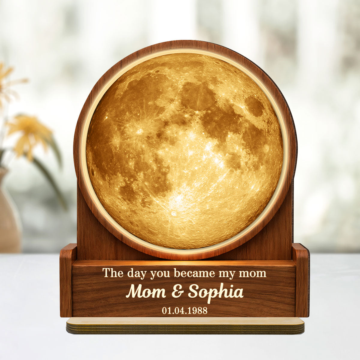 The Day You Became My Mom Custom Moon Phase by Date - Personalized 2-Layered Wooden Plaque - Heartfelt Gift for Mom