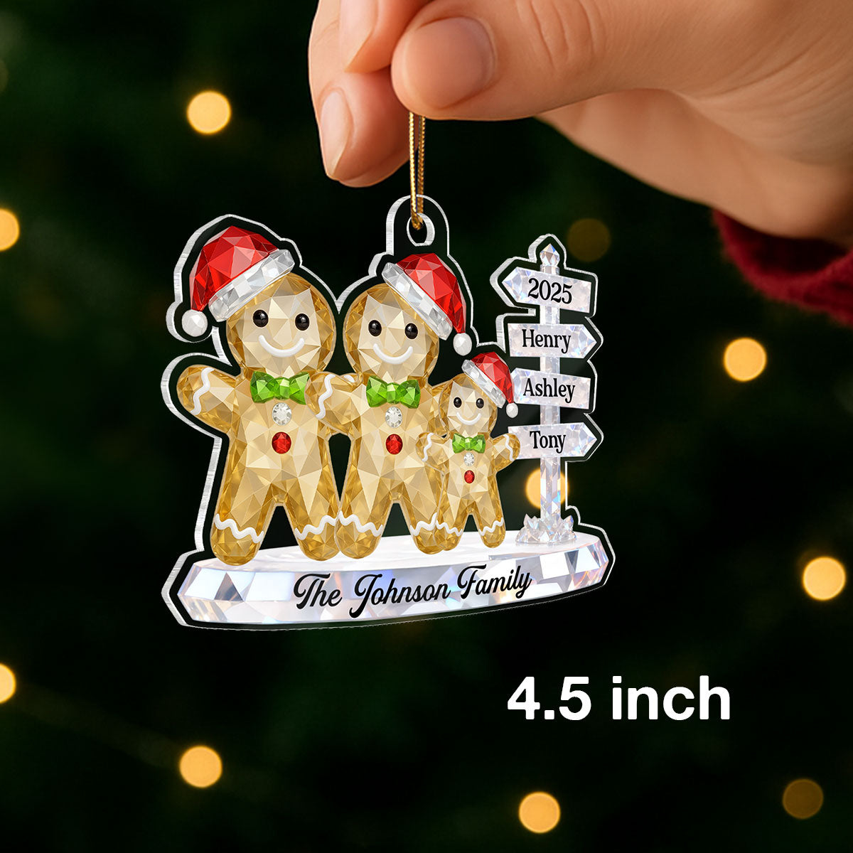 Gingerbread Family 3D Crystal Effect Custom Name Sign Post - Personalized Acrylic Ornament - Christmas Gift for Family