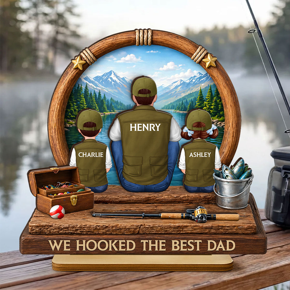 Fishing Dad Kids Mountain Lake - Personalized 2-Layered Wooden Plaque - Heartfelt Gift For Fishing Dad, Gift For Husband