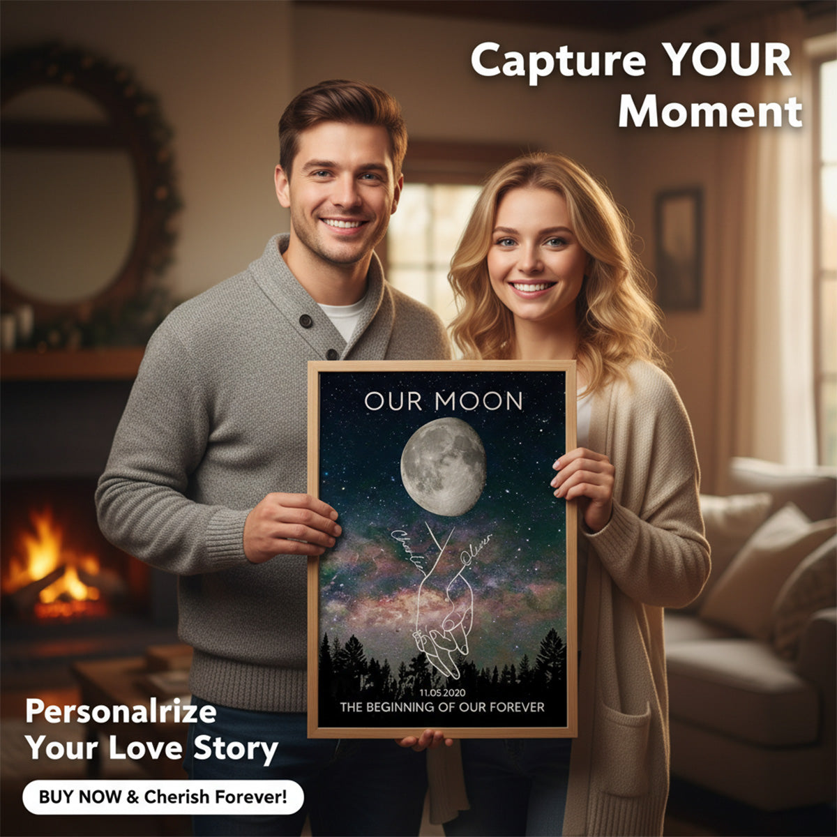 Timeless Love Couple Holding Hands Line Art Custom Moon Phase Anniversary Date - Personalized Poster - Gift For Couple