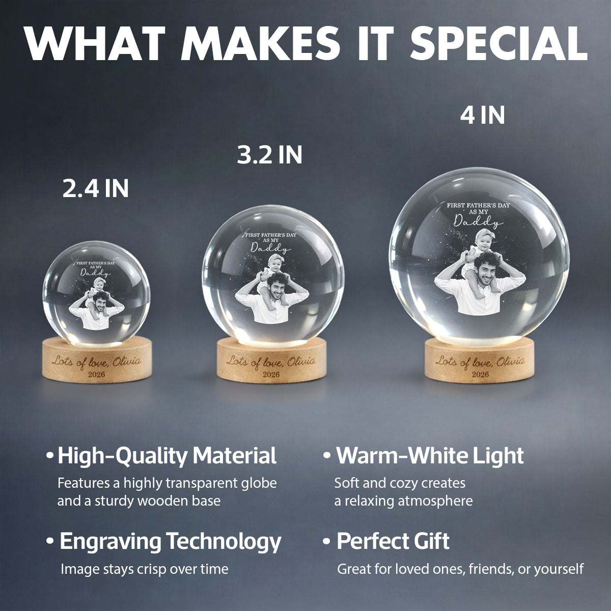First  as My Daddy - Personalized Crystal Ball LED Night Light -  Gift for Dad