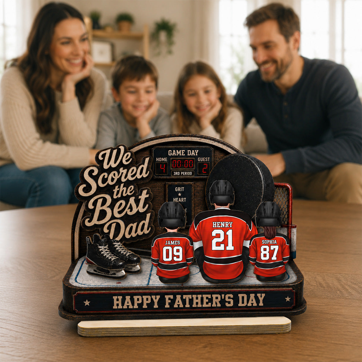 Hockey Dad & Kids Sitting On Court 2D Flat - Personalized 2-Layered Wooden Plaque -  Gift For Hockey Dad