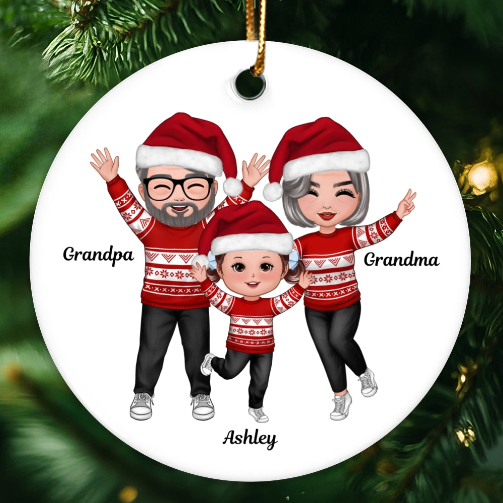 Christmas Happy Doll Grandma Grandpa With Granddaughter Grandson Personalized Circle Ornament