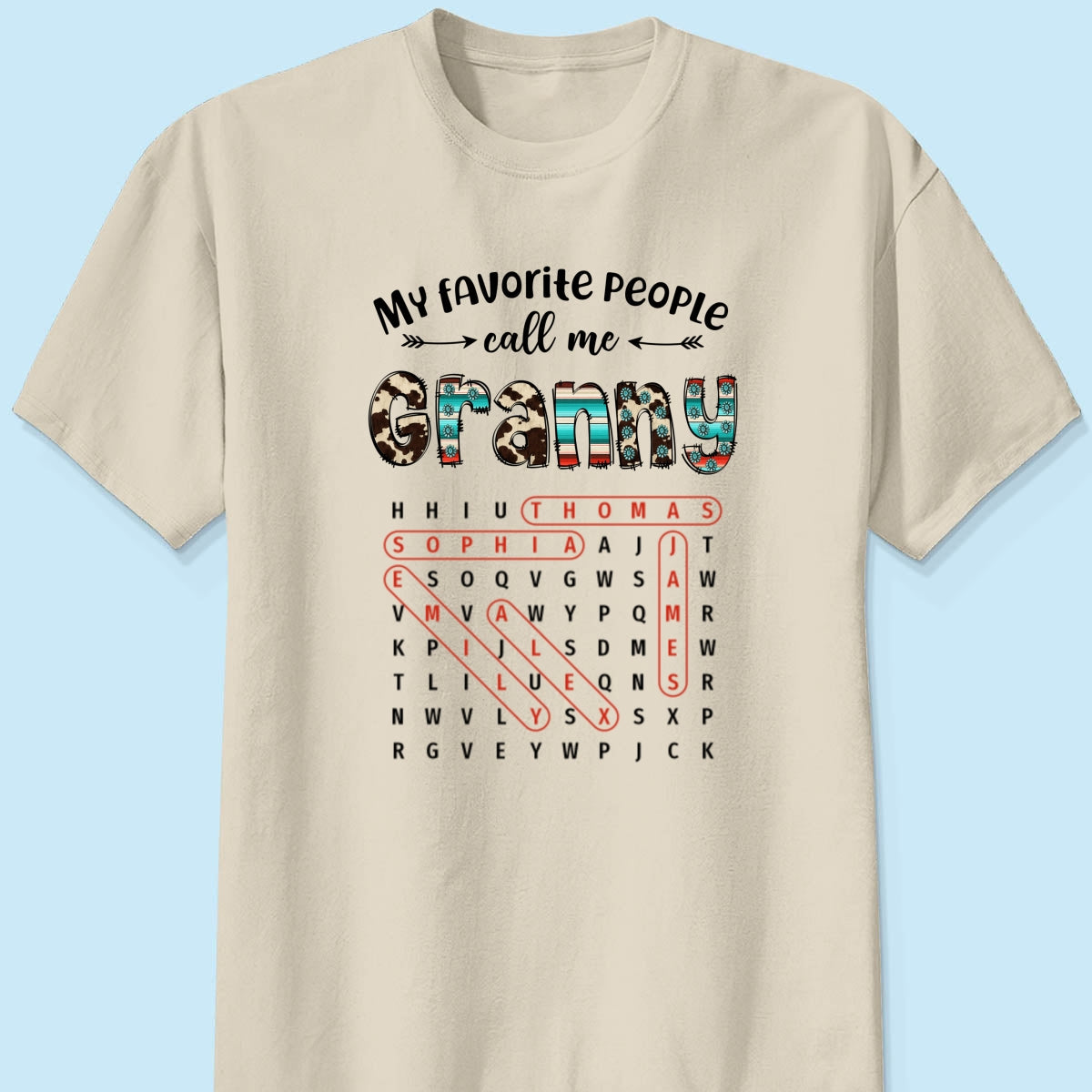 My Favorite People Call Me Grandma Western Cowhide Pattern Word Search Puzzle - Personalized Shirt - Gift For Grandma Mom
