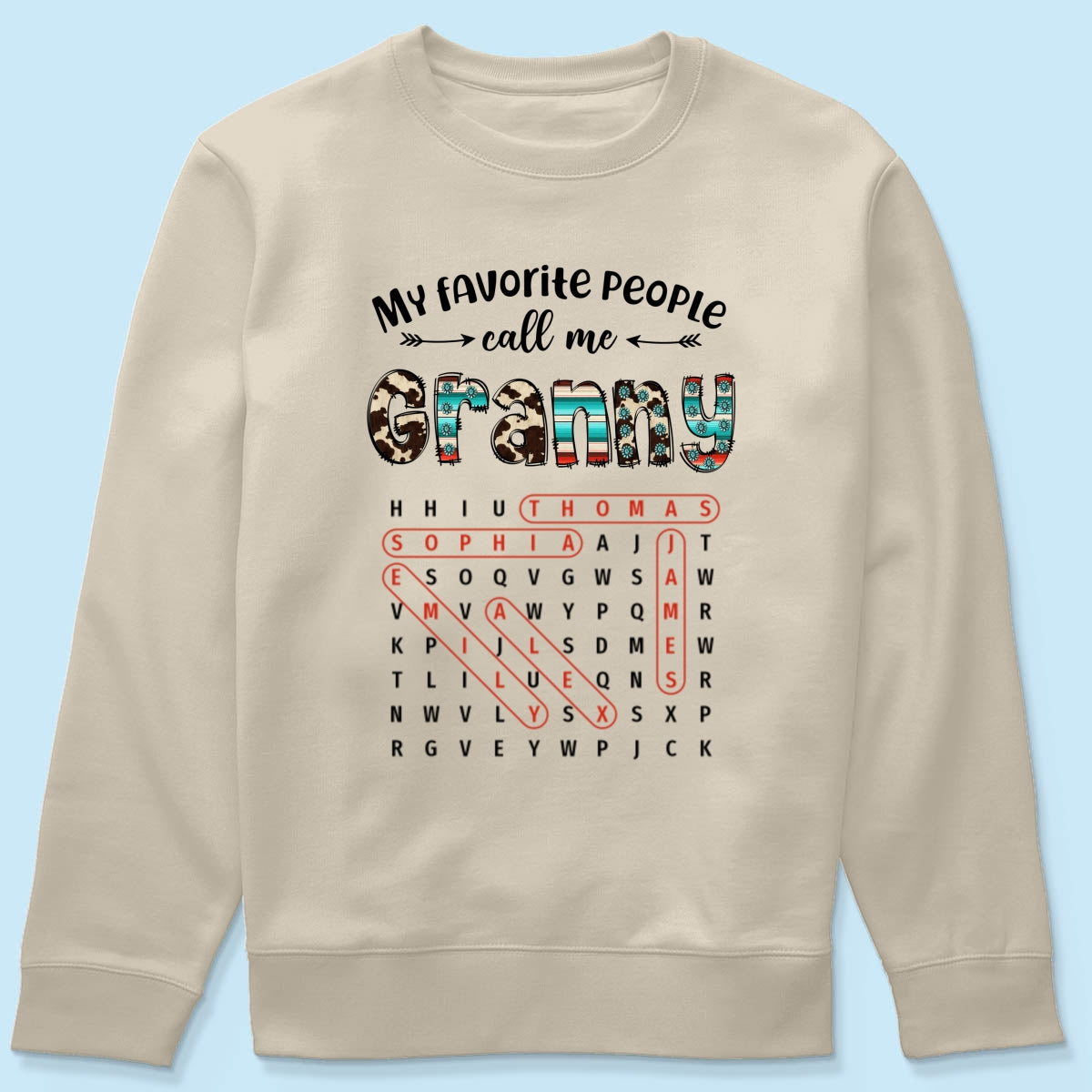 My Favorite People Call Me Grandma Western Cowhide Pattern Word Search Puzzle - Personalized Shirt - Gift For Grandma Mom