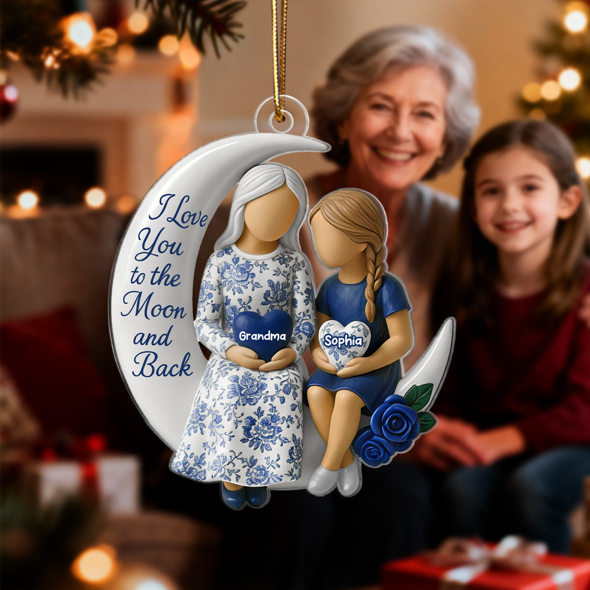 3D Effect Toile De Jouy Pattern Grandma Grandkid On Moon - Personalized Acrylic Ornament - Gift For Granddaughter