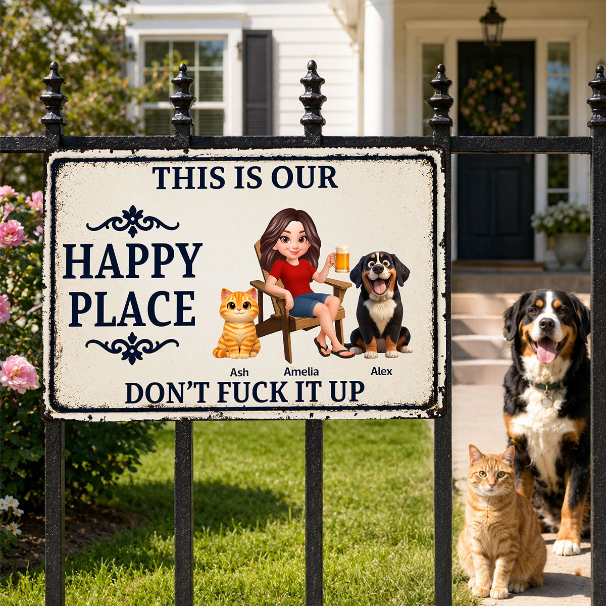 This Is My Happy Place With Dogs Cats - Personalized Metal Sign - Funny Sarcasm Decoration For Dog Lovers, Cat Lovers