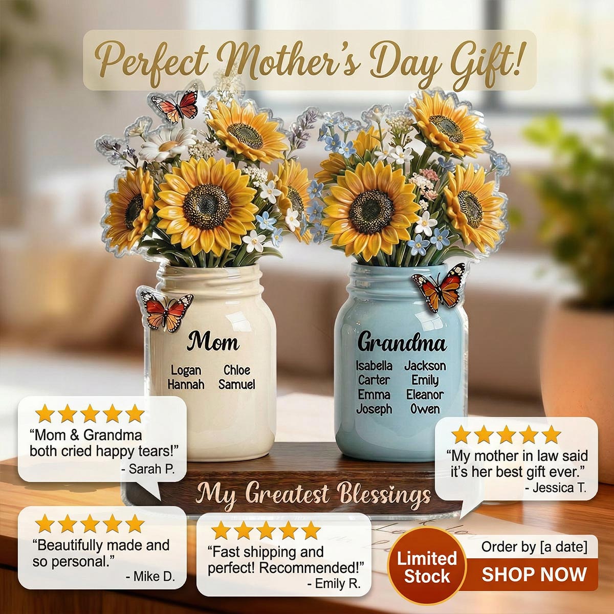 Mom Grandma Sunflowers Jars Custom Names 2D Flat - Personalized Acrylic Block Plaque - Mother's Day Gift For Grandma