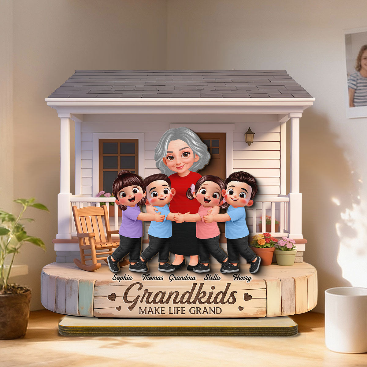 Grandma And Grandkids Happy Together At Front Porch - Personalized 2-Layered Wooden Plaque - Gift For Grandma