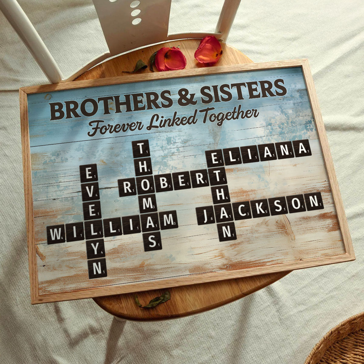 Brothers & Sisters Forever Linked Together Crossword Puzzle Art Blue Wood Palette - Personalized Poster - Gift For Siblings, Family