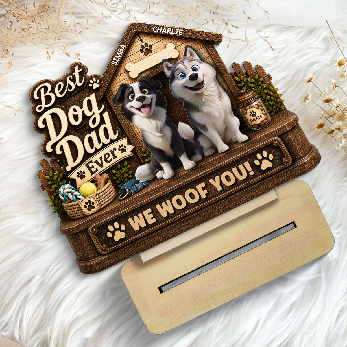 Best Dog Dad Ever Cute Dogs 2D Flat - Personalized 2-Layered Wooden Plaque -  Gift For Dog Dad