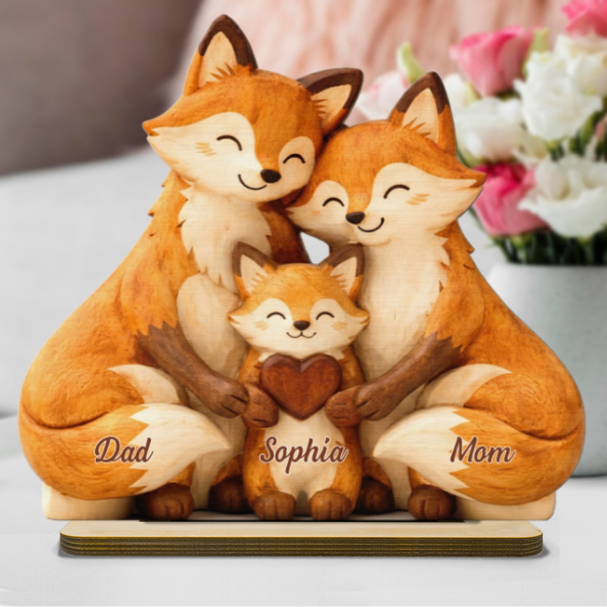 Cozy Fox Family - Personalized 2-Layered Wooden Plaque - Mother's Day Gift For Mom, Woodland Animal Decor