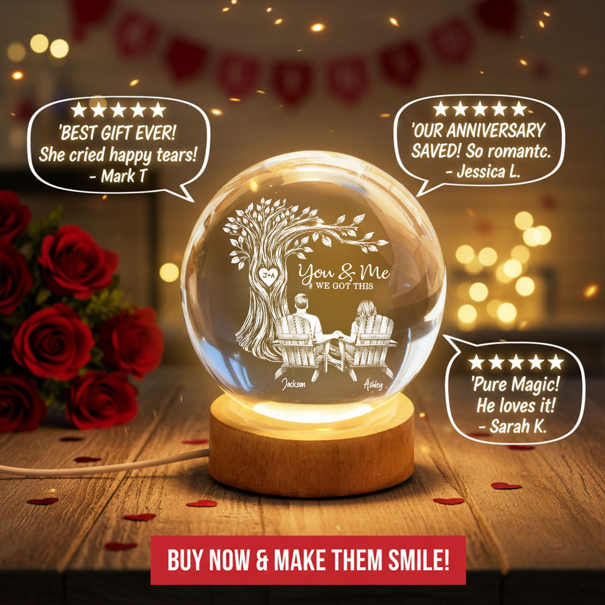 Eternal Love Couple Under Heart Carved Tree - Personalized Crystal Ball LED Night Light - Valentine's Day Gift For Couple