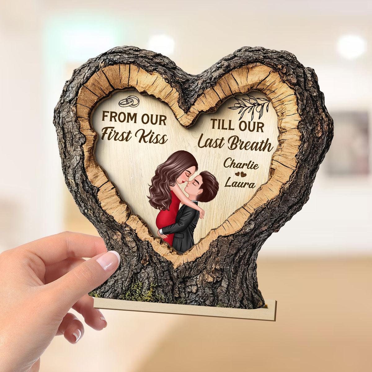 From First Kiss Till Last Breath Couple Kissing 2D Flat - Personalized 2-Layered Wooden Plaque - Anniversary Gift, Valentine's Gift For Him, For Her