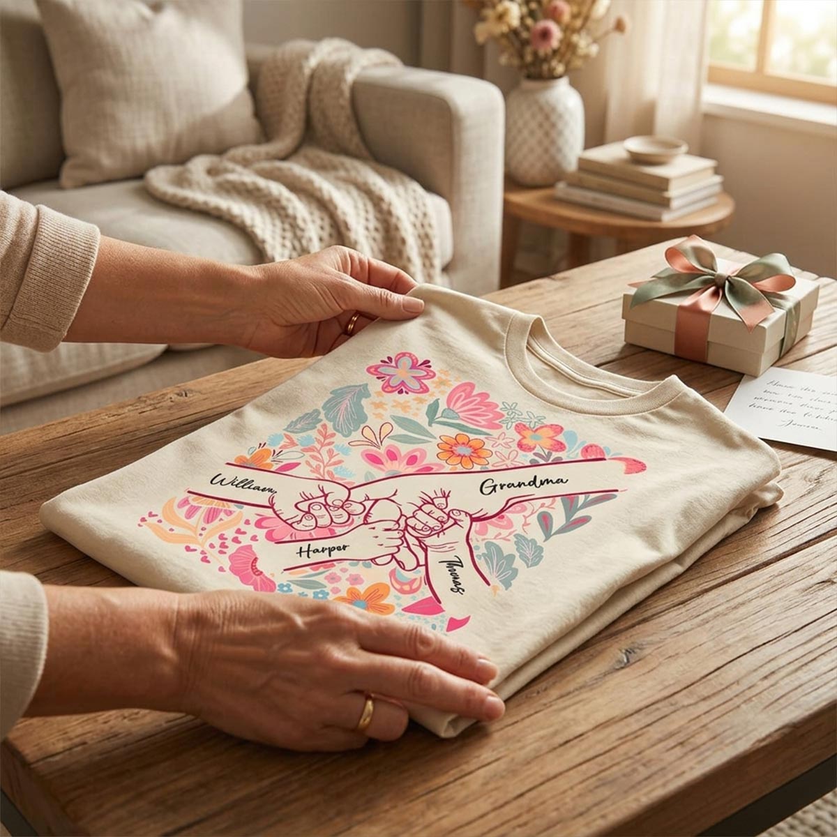 Kids Holding Hand Floral Boho - Personalized Shirt - Mother's Day Gift For Mom Grandma