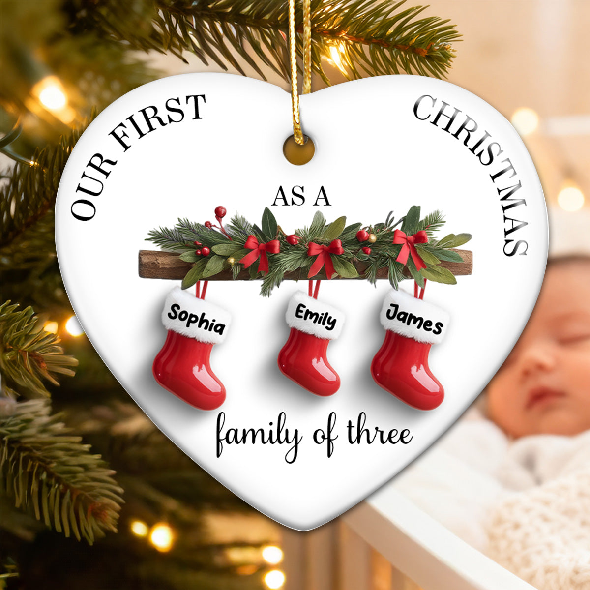 Family First Christmas Stockings 3D Effect - Personalized Ceramic Ornament - Christmas Tree Decor For Family