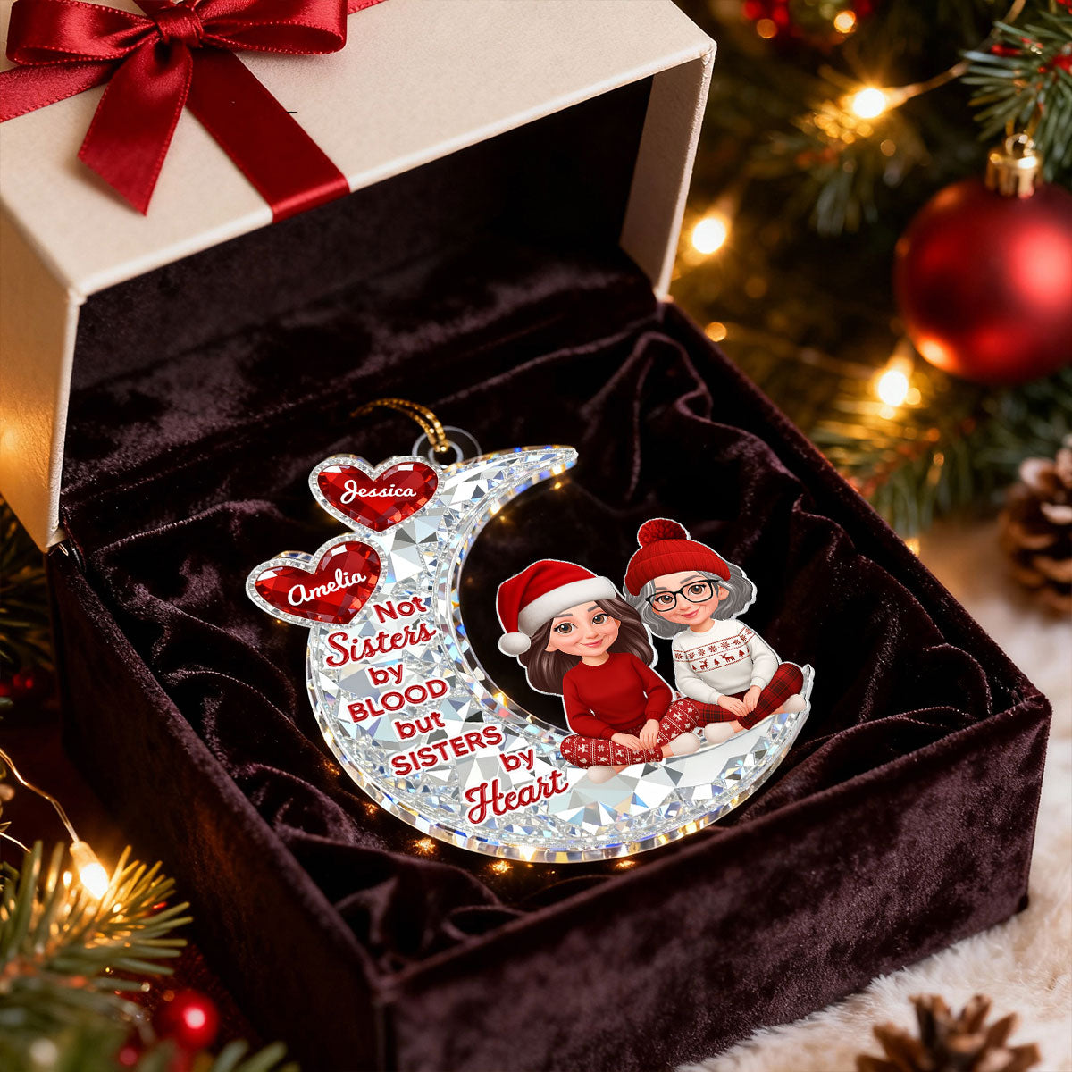 3D Shining Effect Besties Sitting On Moon - Personalized Acrylic Ornament - Gift For Best Friends, Matching Ornaments For Group Of Besties