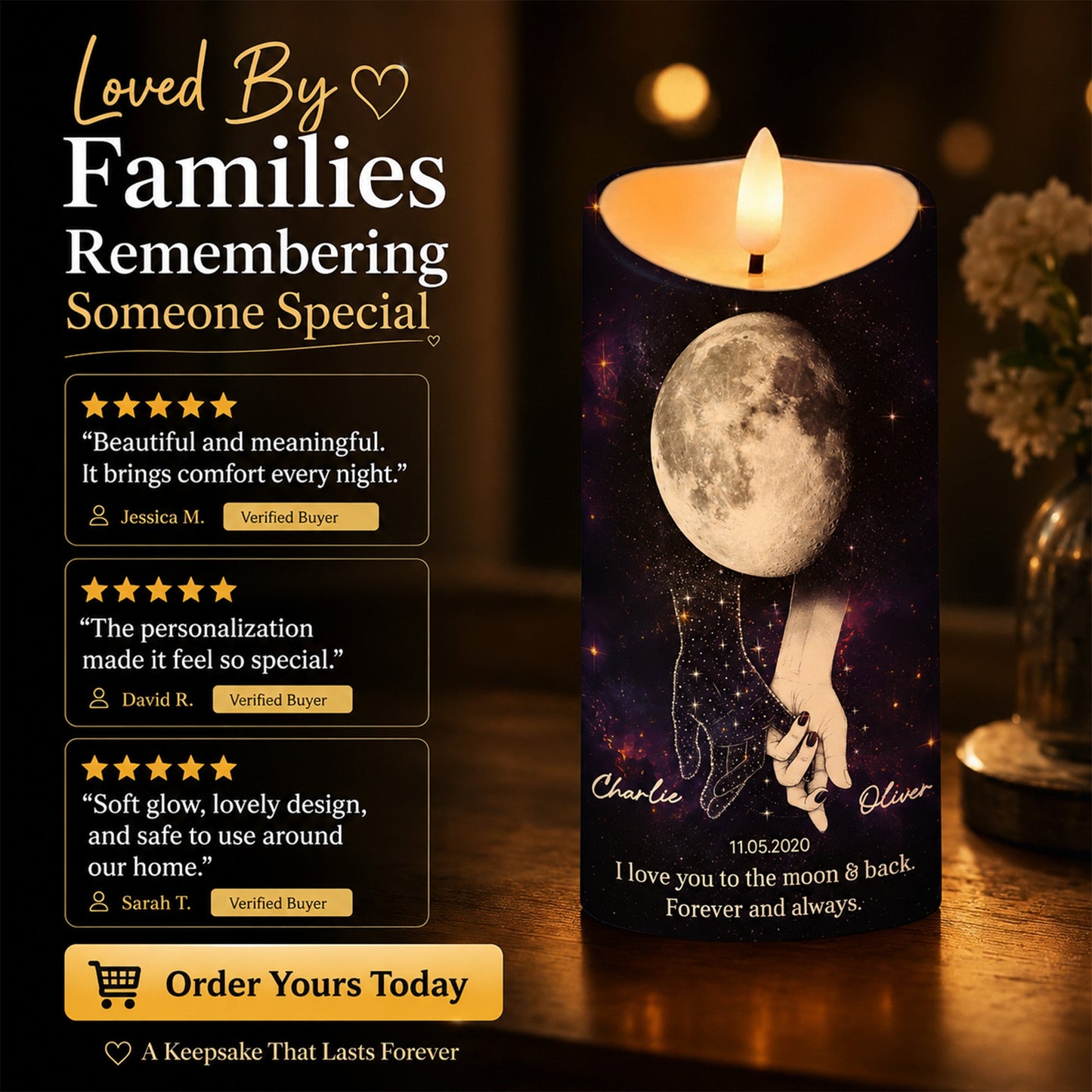 Lost Loved One Holding Hands Moon Phase - Personalized LED Candle - Memorial Gift, Remembrance Keepsake
