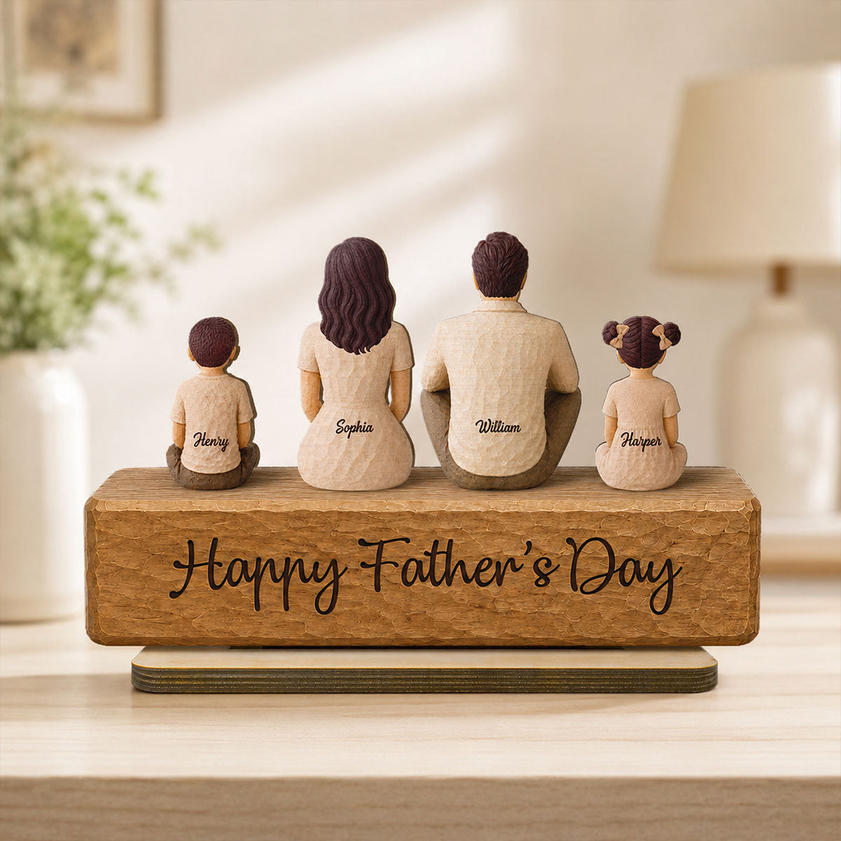 Family Sitting Back View 2D Flat Printed - Personalized 2-Layered Wooden Plaque - Gift For Dad, Gift For Husband, Gift For Grandpa