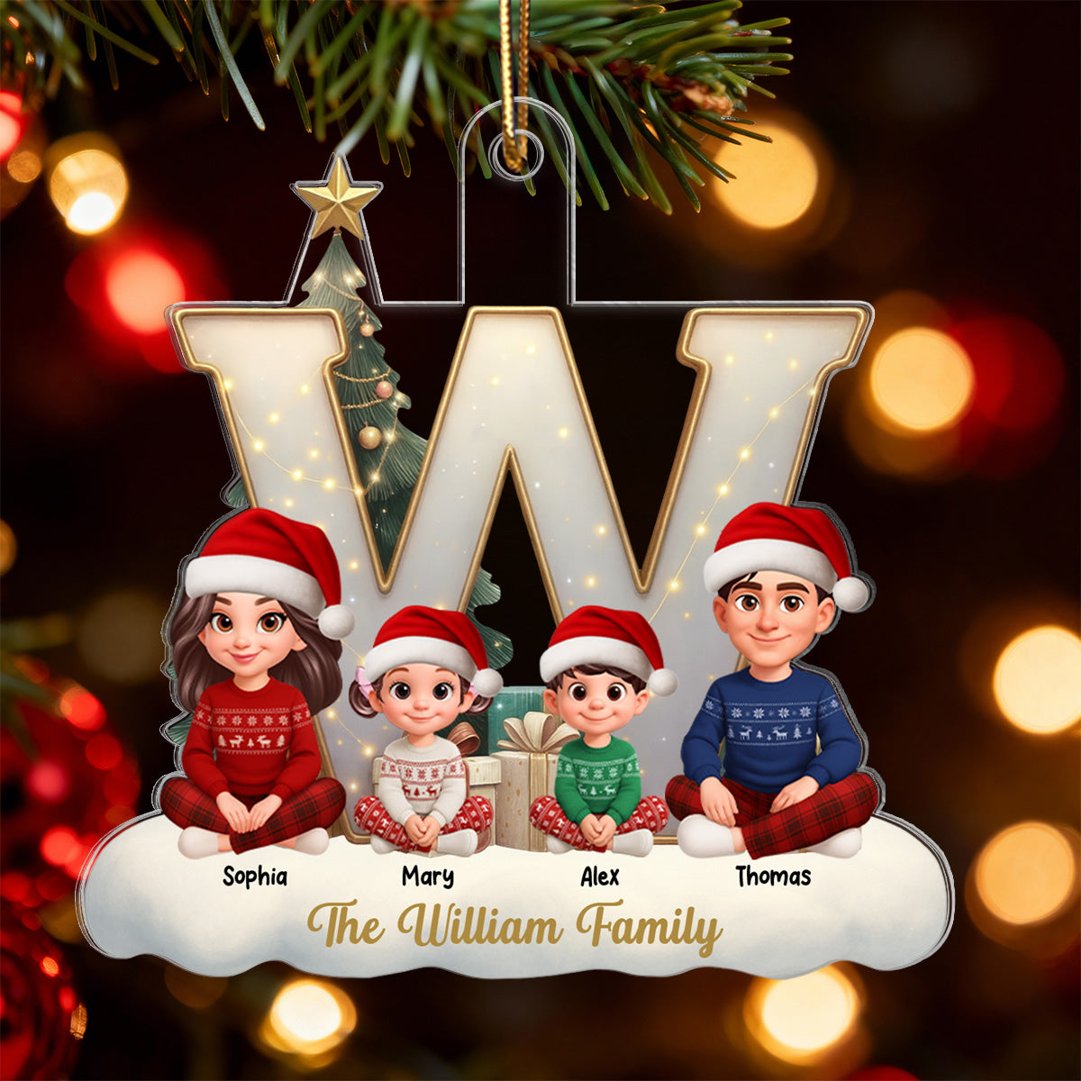 3D Effect Christmas Family Name Initial Beautiful Family Together - Personalized Acrylic Ornament - Gift For Family