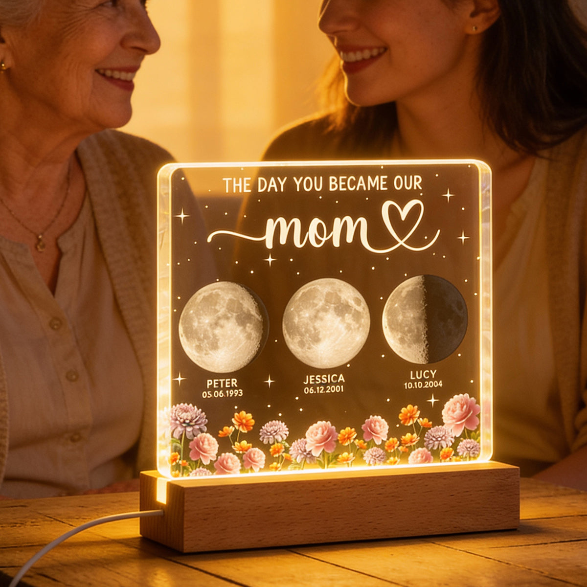 The Day You Became Our Mom, Custom Moon Phase by Date - Personalized Acrylic Block LED Night Light, Custom Birth Flowers, Mother's Day Gift for Mom