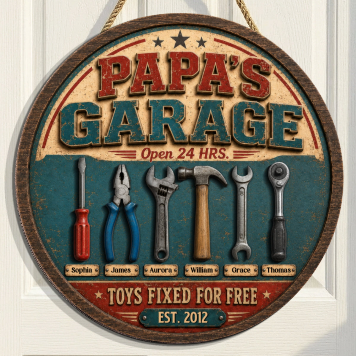 Papa Dad's Garage Toys Fixed For Free Custom Kid Name 2D Flat - Personalized Wooden Garage Sign - Father's Day Gift For Mechanic Dad, Grandpa