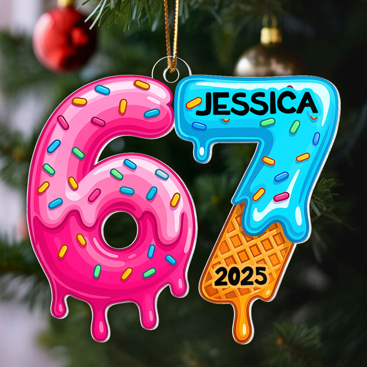 Custom Six Seven Christmas Cake Pattern - Personalized Acrylic Ornament - Teen Slang Funny Tree Decor, Funny Teen Grandkid Gift