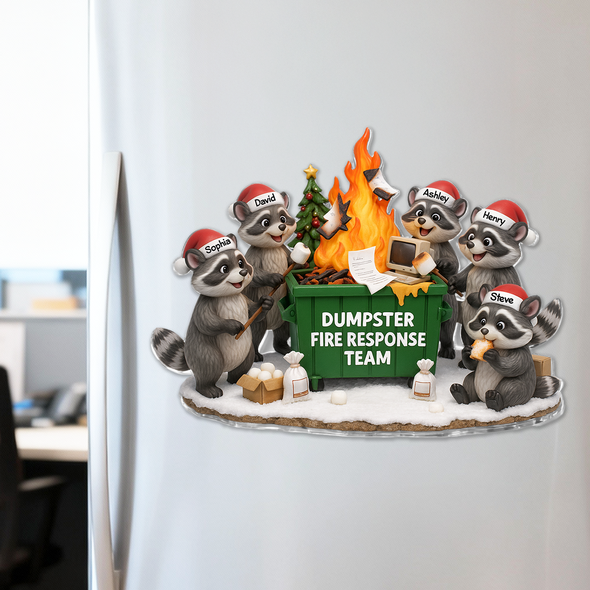 Funny Raccoon Dumpster on Fire Response Team - Personalized Acrylic Fridge Magnet - Funny Holiday Gift for Coworkers