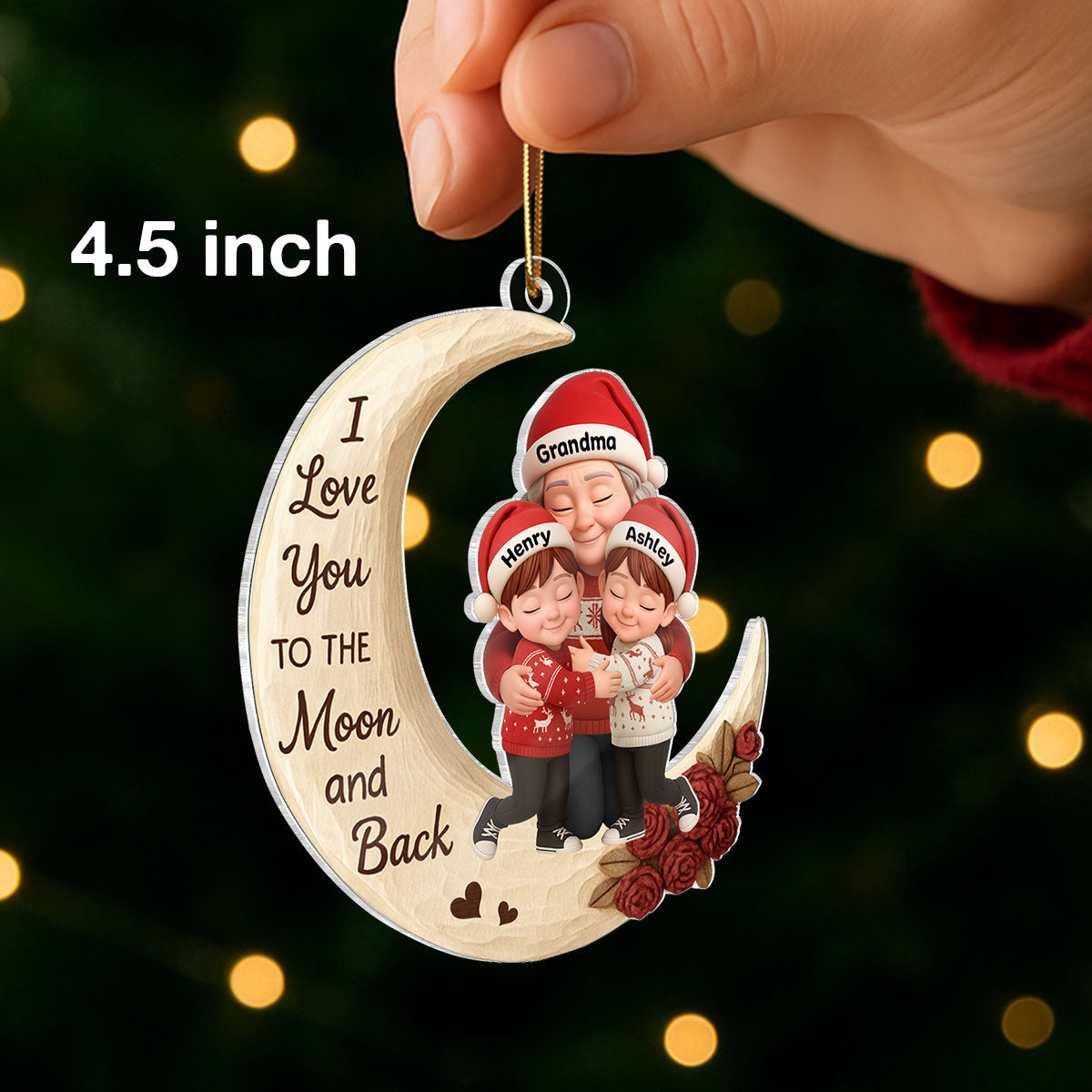 Grandma Grandkids Hugging on Moon 3D Wooden Effect - Personalized Acrylic Ornament - Christmas Gift for Grandma, Grandkids