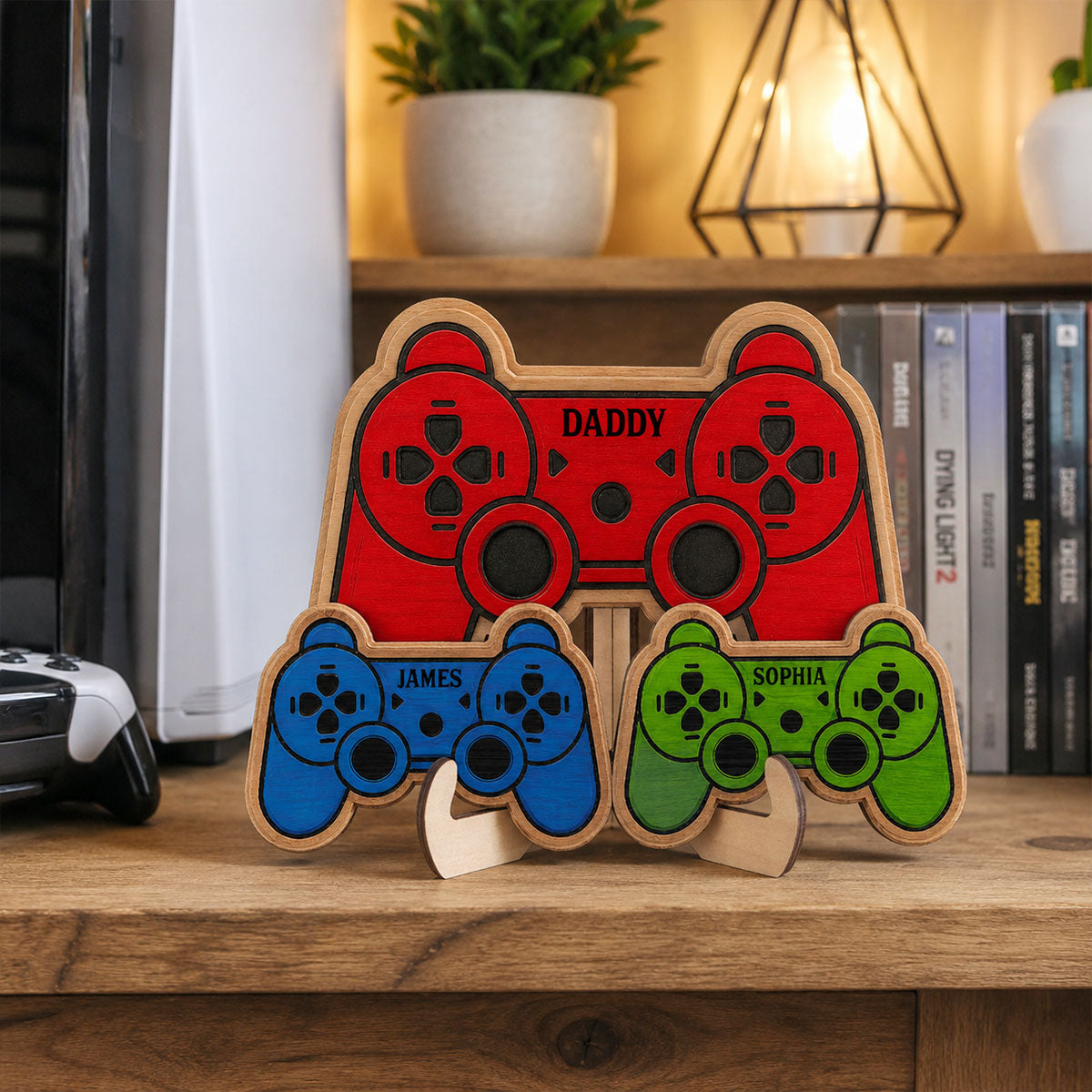 Best Dad Ever Game Controller With Kids Names 2D Flat - Personalized Wooden Plaque