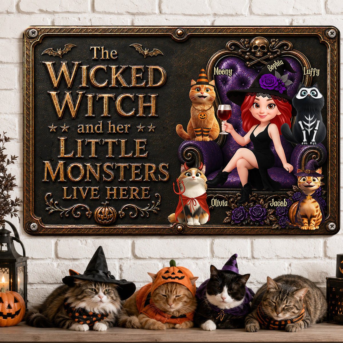The Wicked Witch And Her Monster Cats Live Here - Personalized Metal Sign - Halloween Decor for Cat Moms